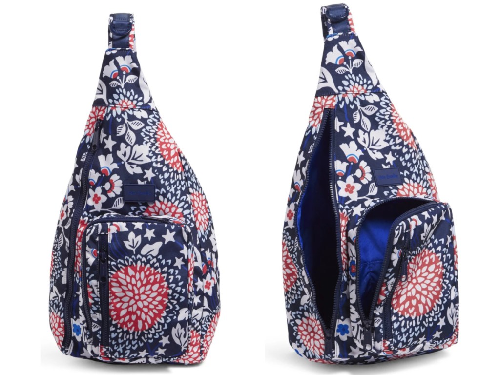 red white and blue vera bradley sling bag open and closed