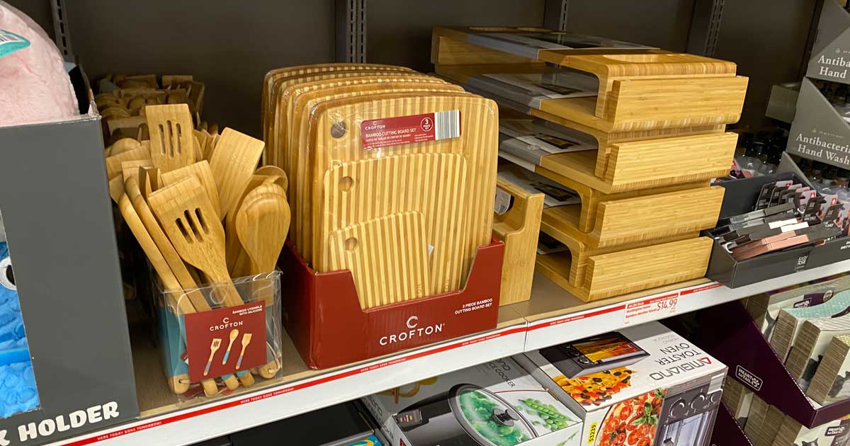 bamboo kitchen essentials on a shelf in a store