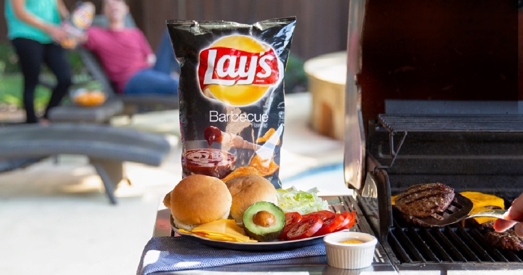 Lay's BBQ Chips on grill hamburger fixings