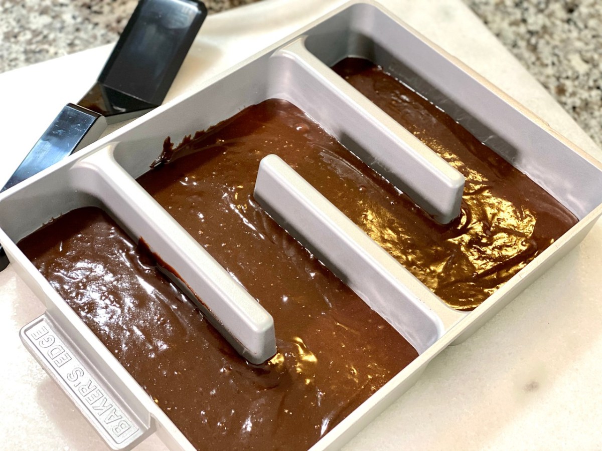 brownie batter in Baker's Edge Brownie Pan