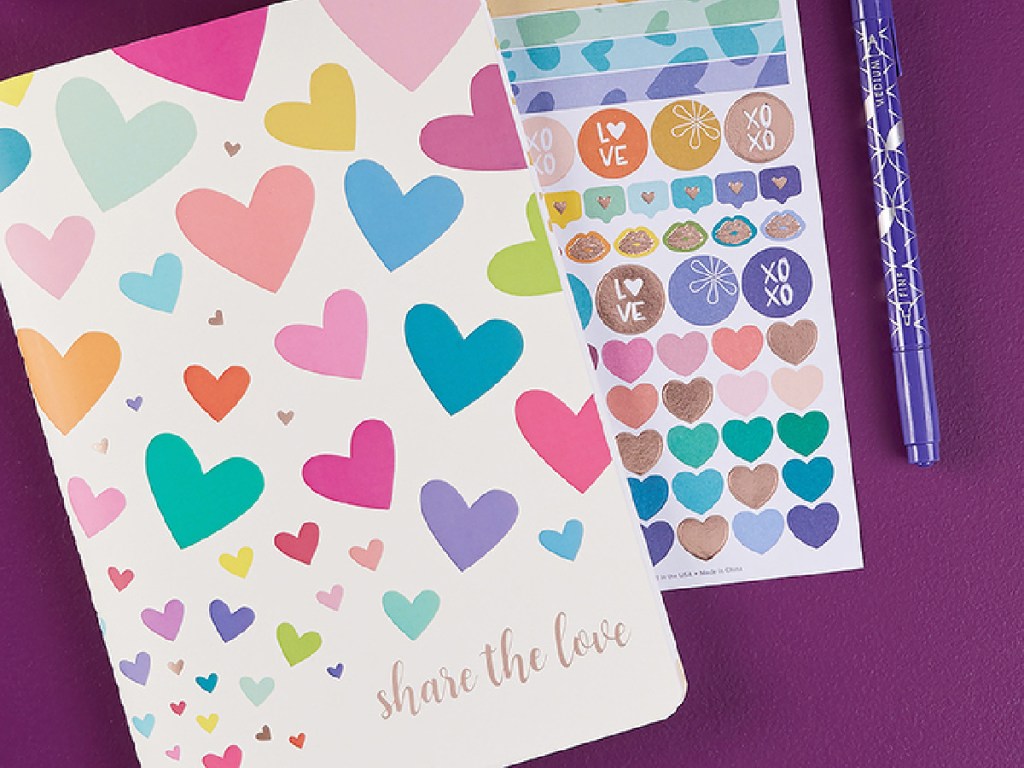 share the love notebook and stickers and pen