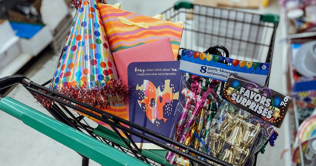 dollar tree cart with party supplies