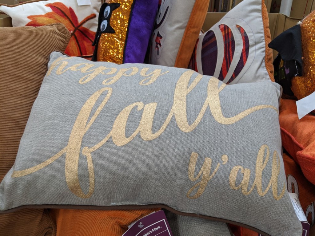 grey pillow with words on it in a store