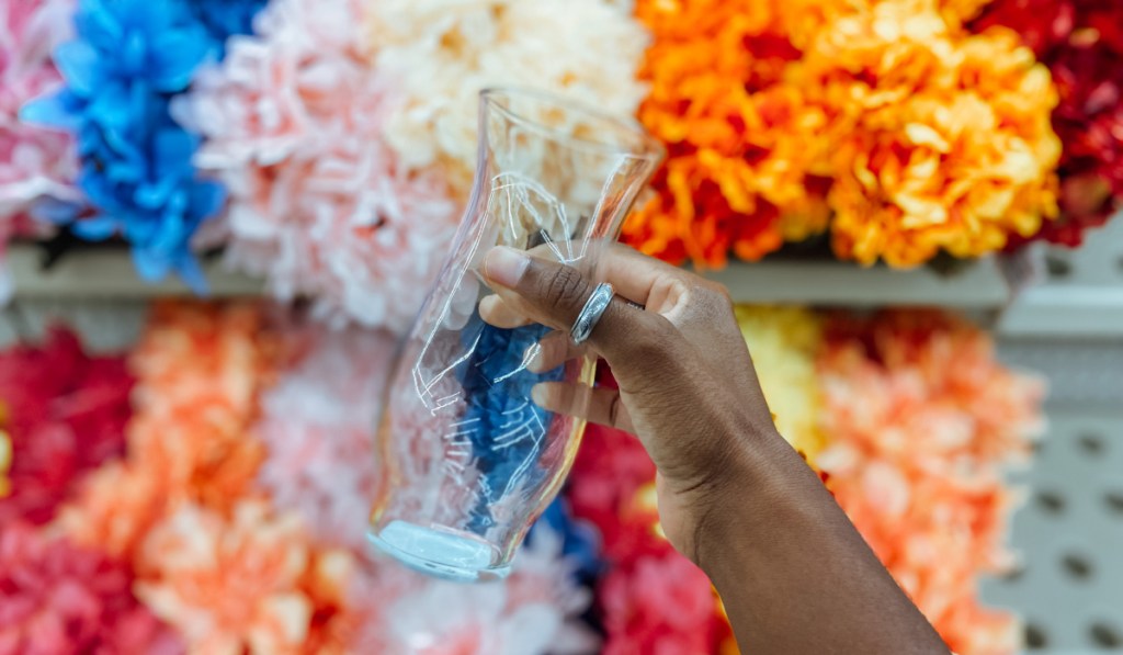 glass vase and flowers at dollar tree