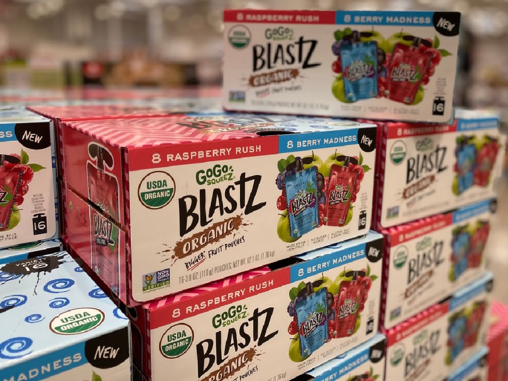 packages of kids snacks on shelf display at store