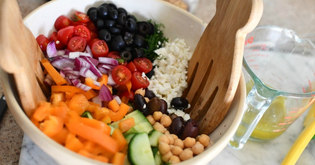 greek chickpea salad before mixing with dressing