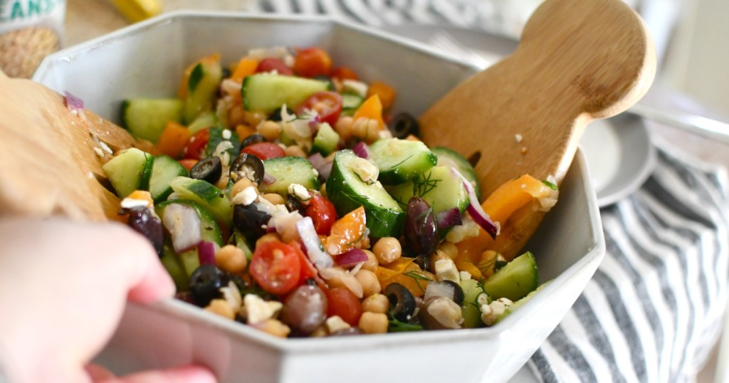 greek chickpea salad in a bowl