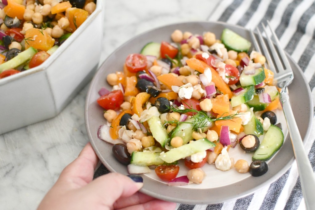 greek chickpea salad on a plate