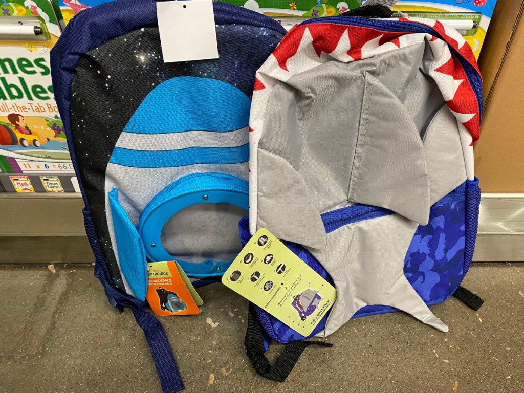 spaceship and shark backpacks