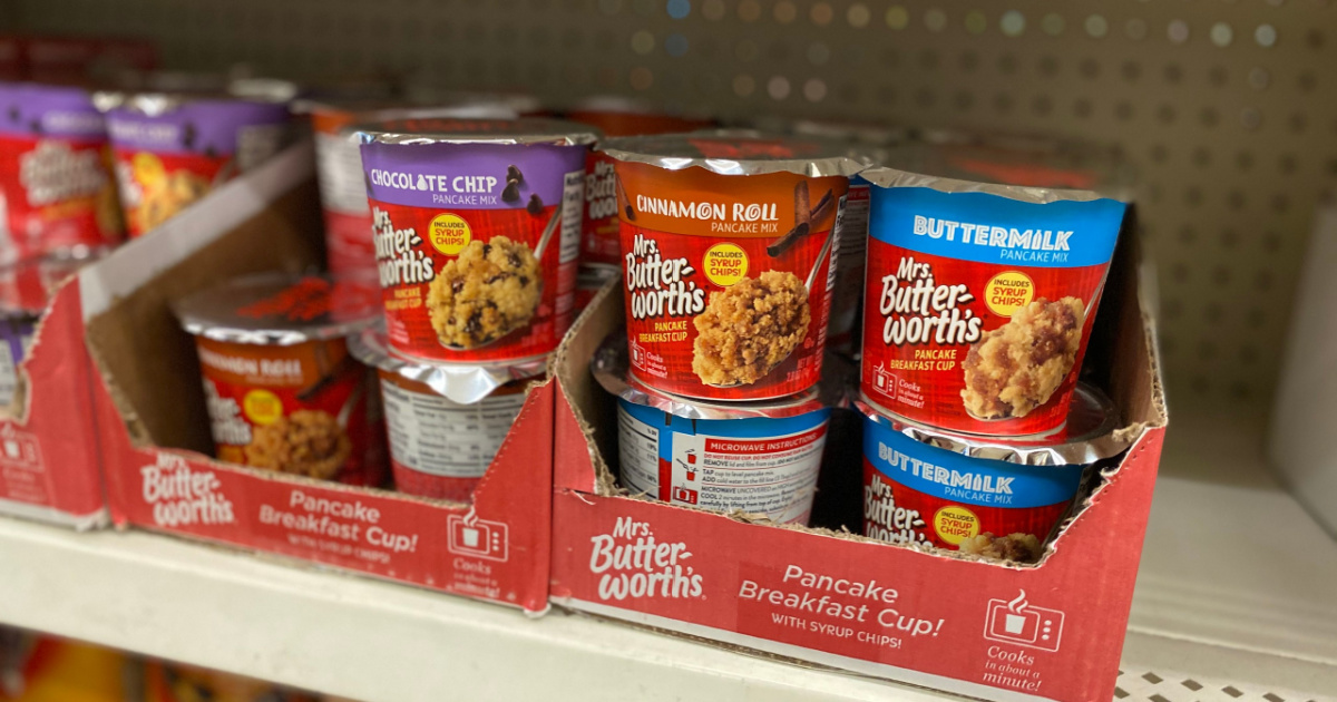 Mrs. Butterworth's pancake mix cups on store shelf