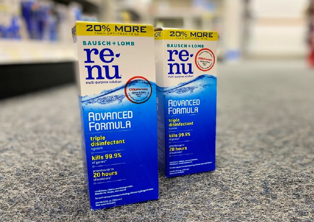 renu contact solution bottles on floor of store