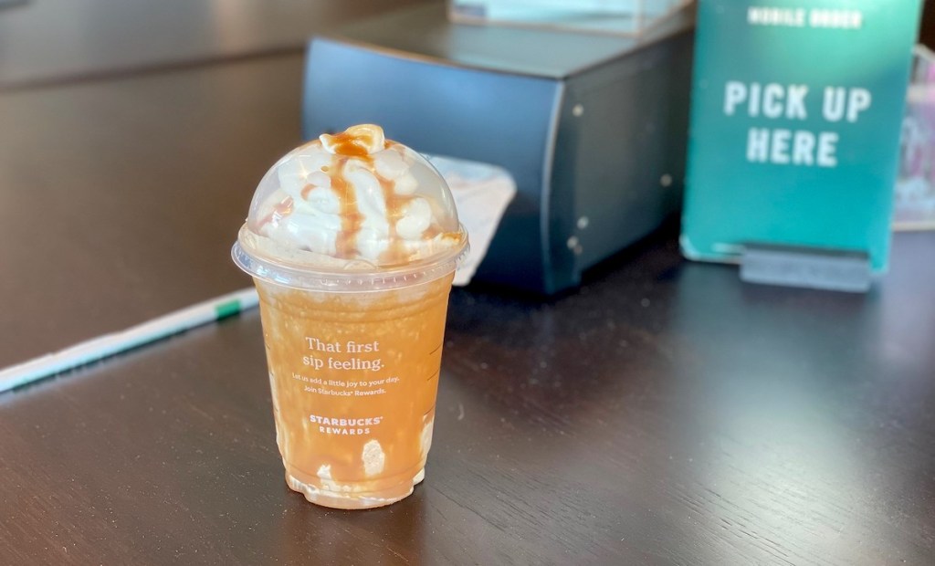 starbucks snickers frappuccino sitting on counter