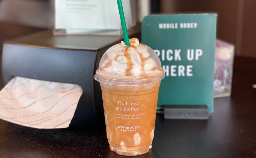 starbucks snickers frappuccino drink sitting on countertop