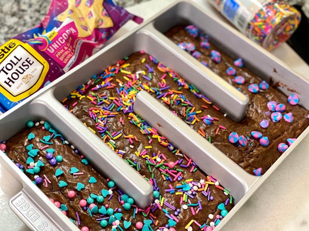 unicorn brownies in Bakers Edge Pan