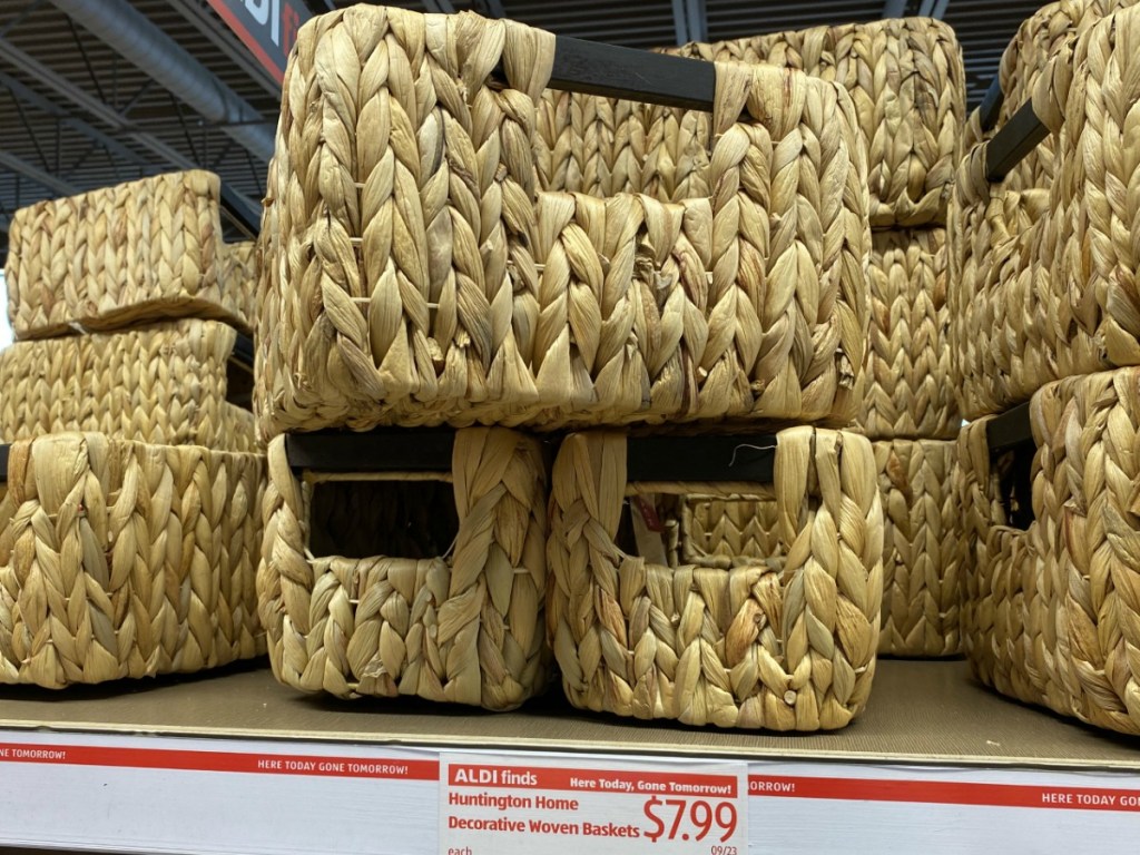 In-store display of woven storage baskets