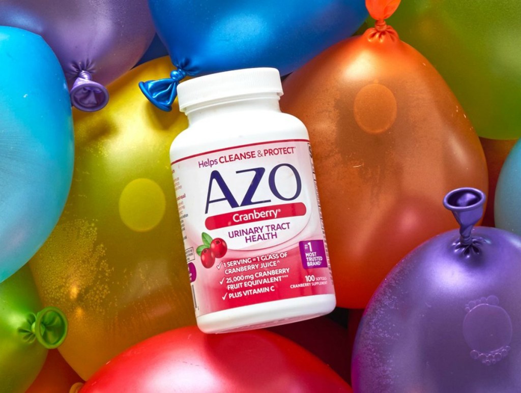 AZO Cranberry softgels bottle on balloons