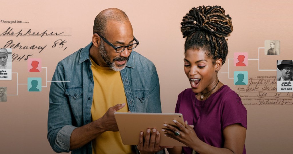 two people looking at tablet excited with ancestry events behind them