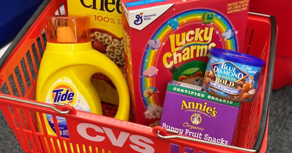 CVS basket with laundry detergent, cereal and snacks