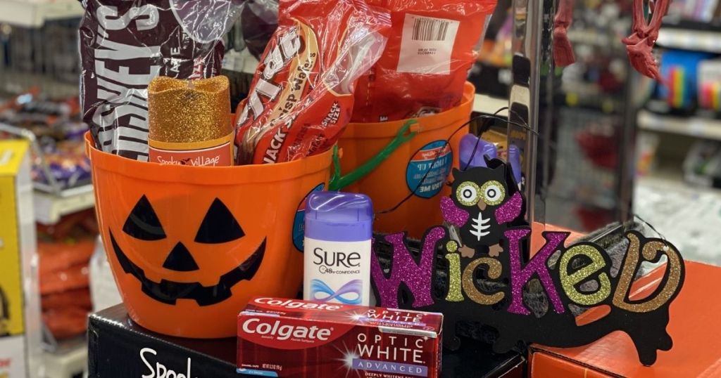 candy bucket, deodorant, toothpaste and candy