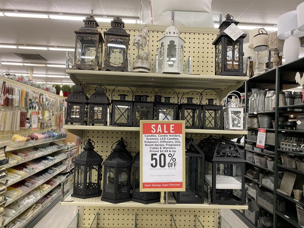 display of candle lanterns at Hobby Lobby