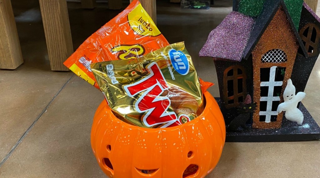 Candy Bags inside a pumpkin candy bowl