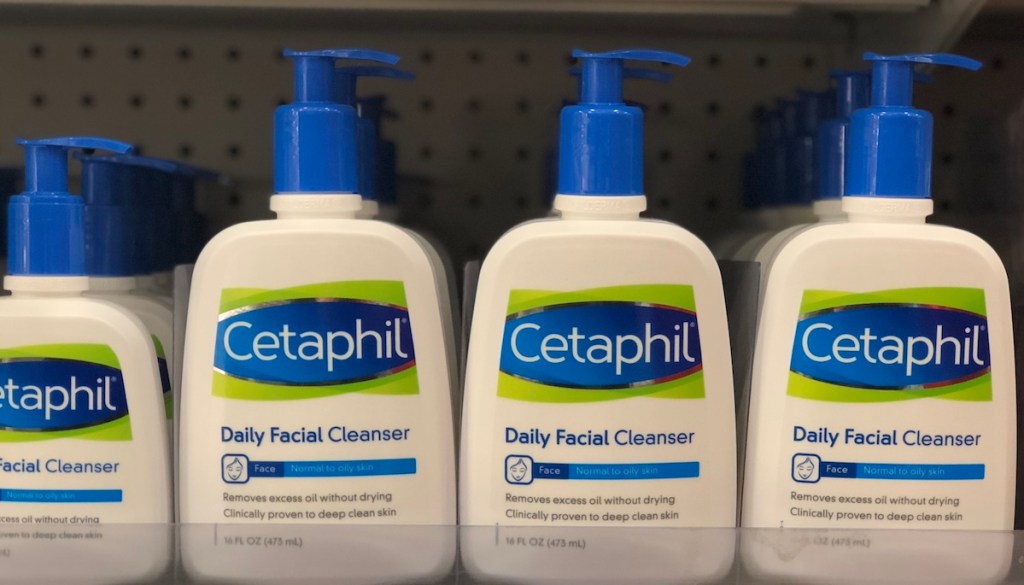 row of Cetaphil Daily Facial Cleansers on shelf at a store