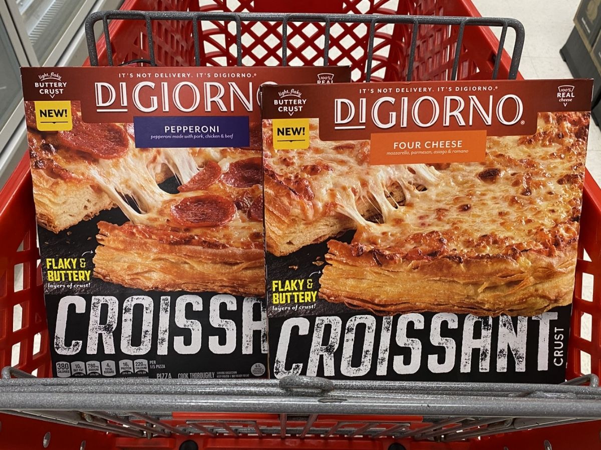 two DiGiorno Croissant Pizzas sitting in a target shopping cart