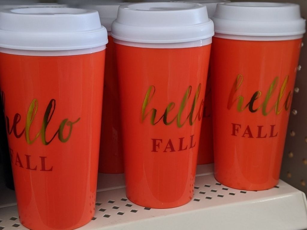 Dollar Tree Hello Fall Double Wall Tumblers on Shelf