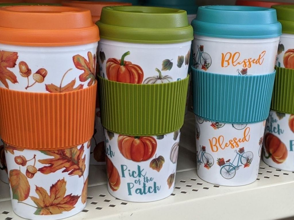 Dollar Tree Fall Print Tumblers on Shelf 