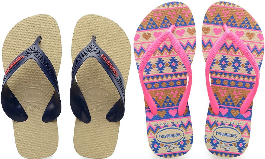 kids tan flip flops and kids pink and purple geometric pattern flip flops