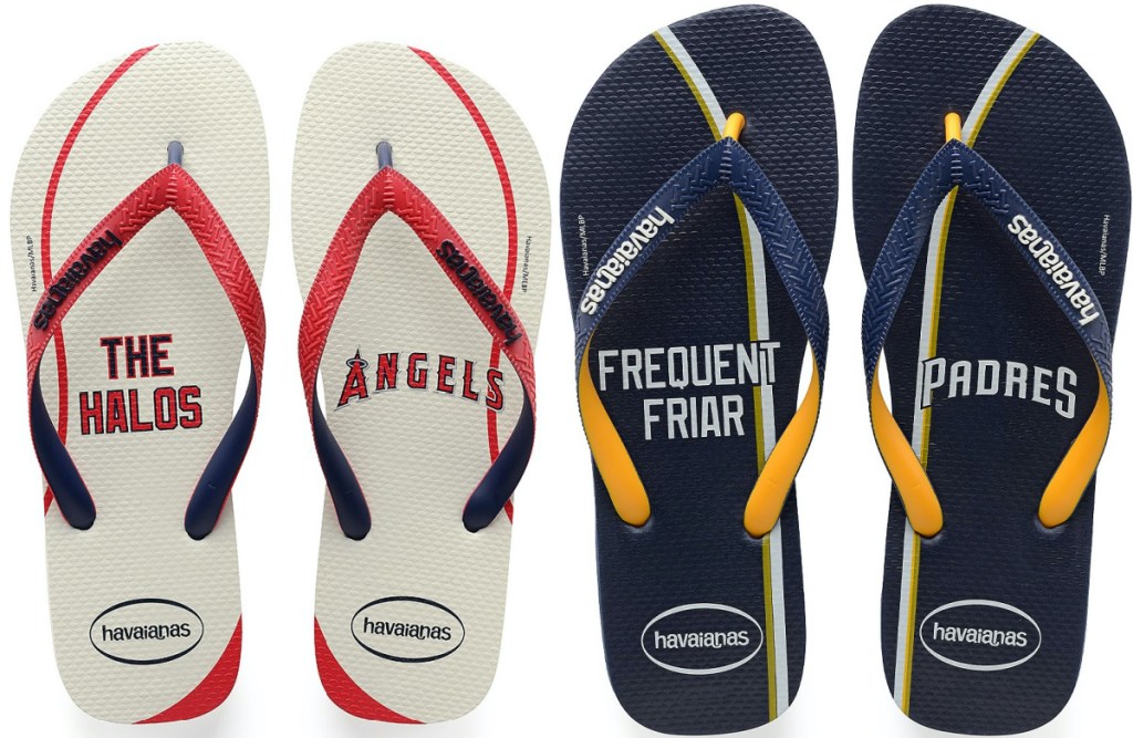 two pairs of men's baseball team flip flops