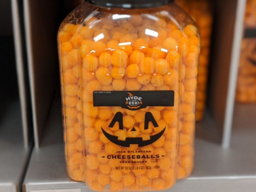 huge tub of Halloween theme cheese Balls