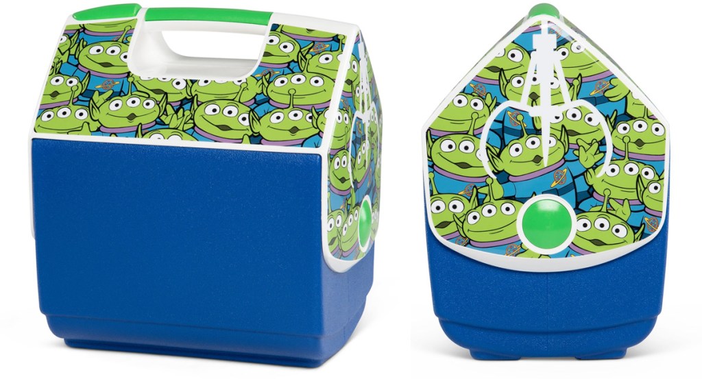 blue igloo playmate cooler with toy story aliens printed all over the lid