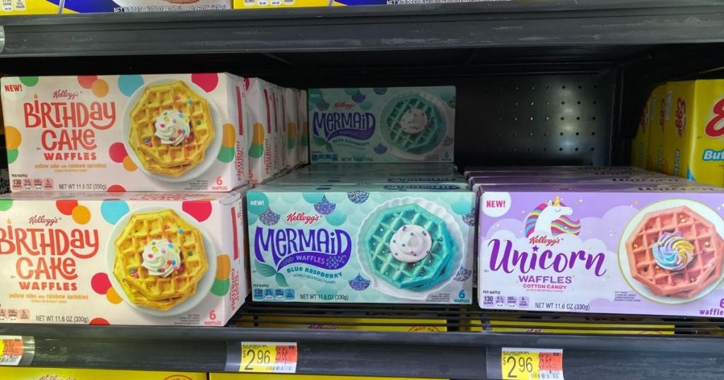 three new flavor eggo waffles in freezer case including Birthday Cake, Mermaid and Unicorn varieties