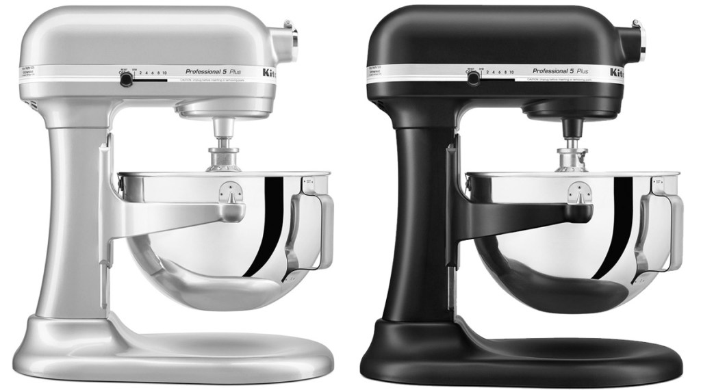 two KitchenAid lift-bowl stand mixers in silver and black