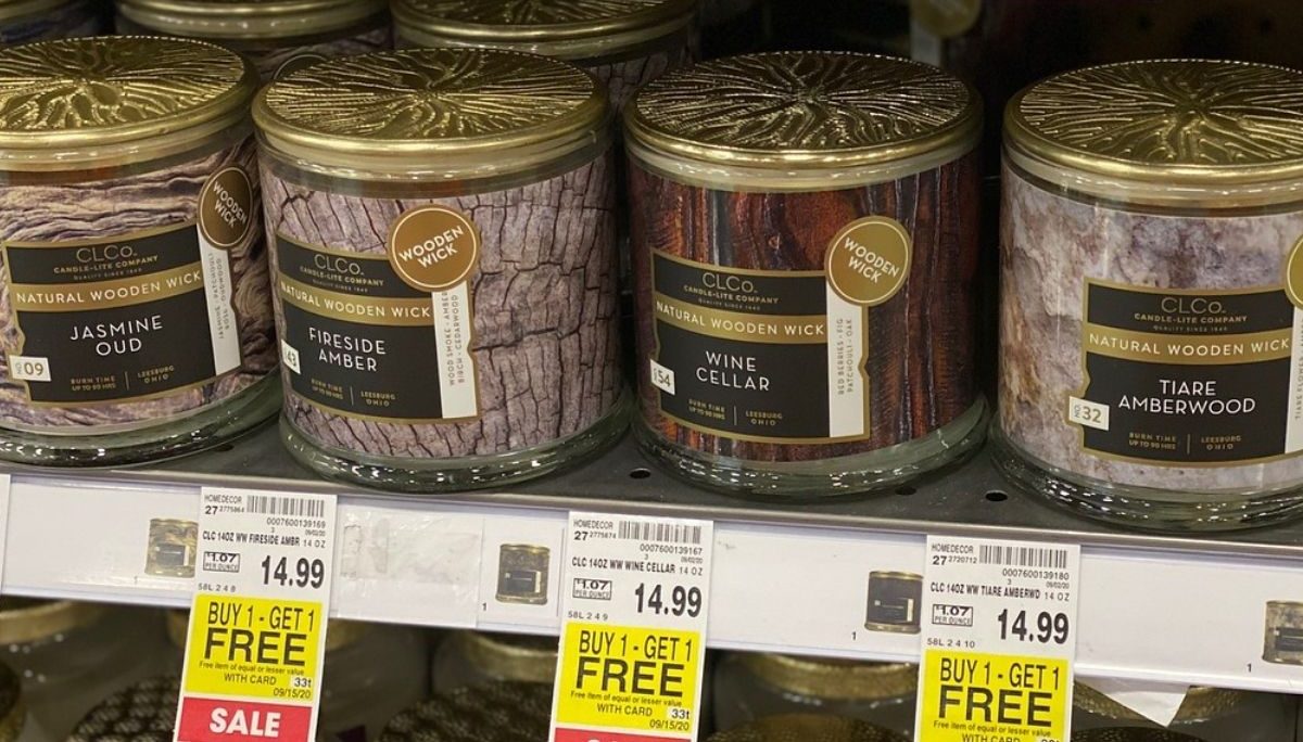 shelf of jar candles at Kroger