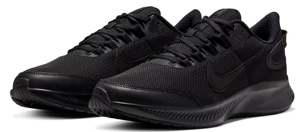 pair of solid black Nike sneakers