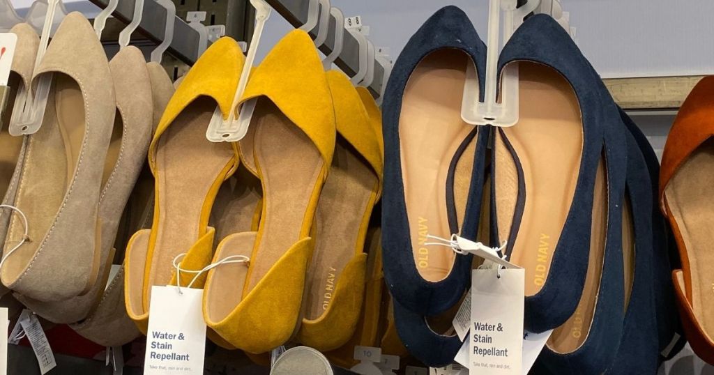 row of Old Navy women's shoes on hangers