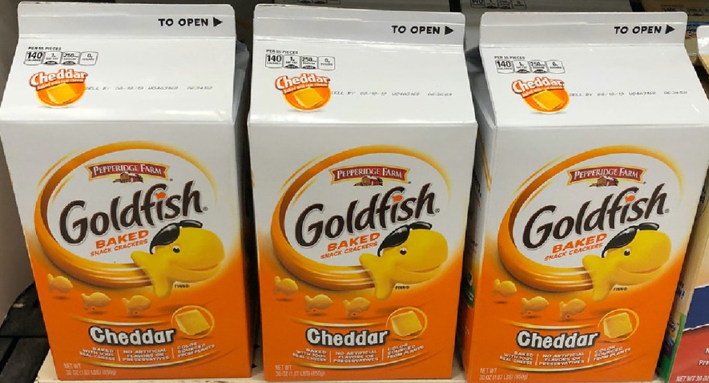 large cartons of cheddar goldfish crackers on store shelf