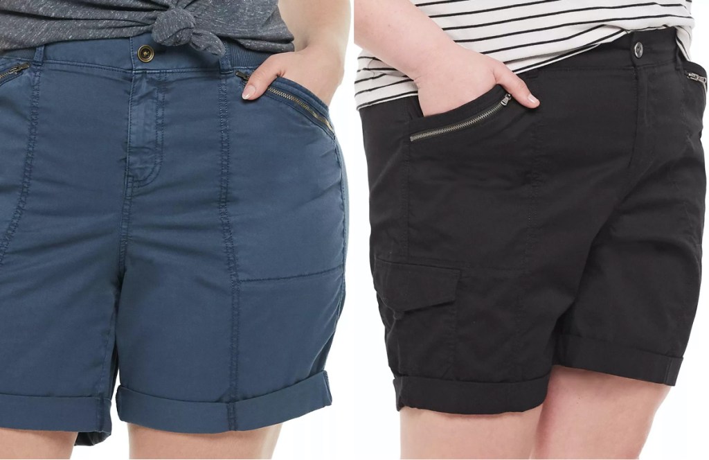 woman in blue bermuda shorts and woman in black bermuda shorts