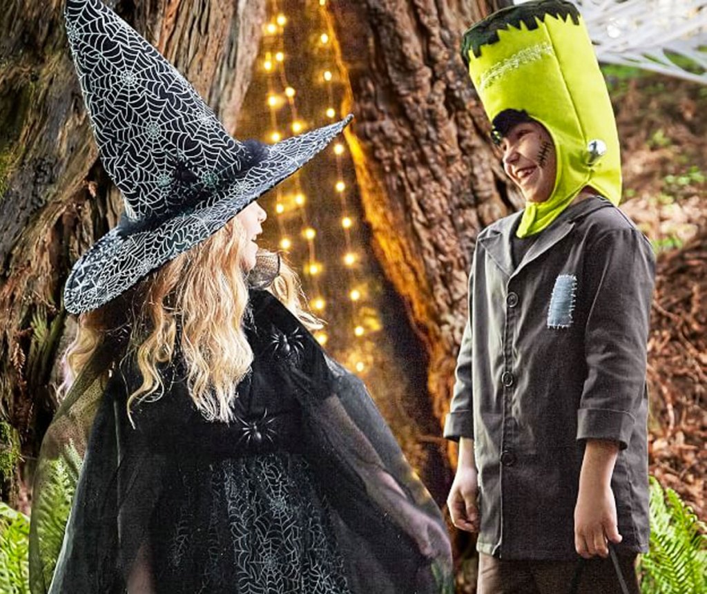 kids dressed up in spider witch and Frankenstein halloween costumes 