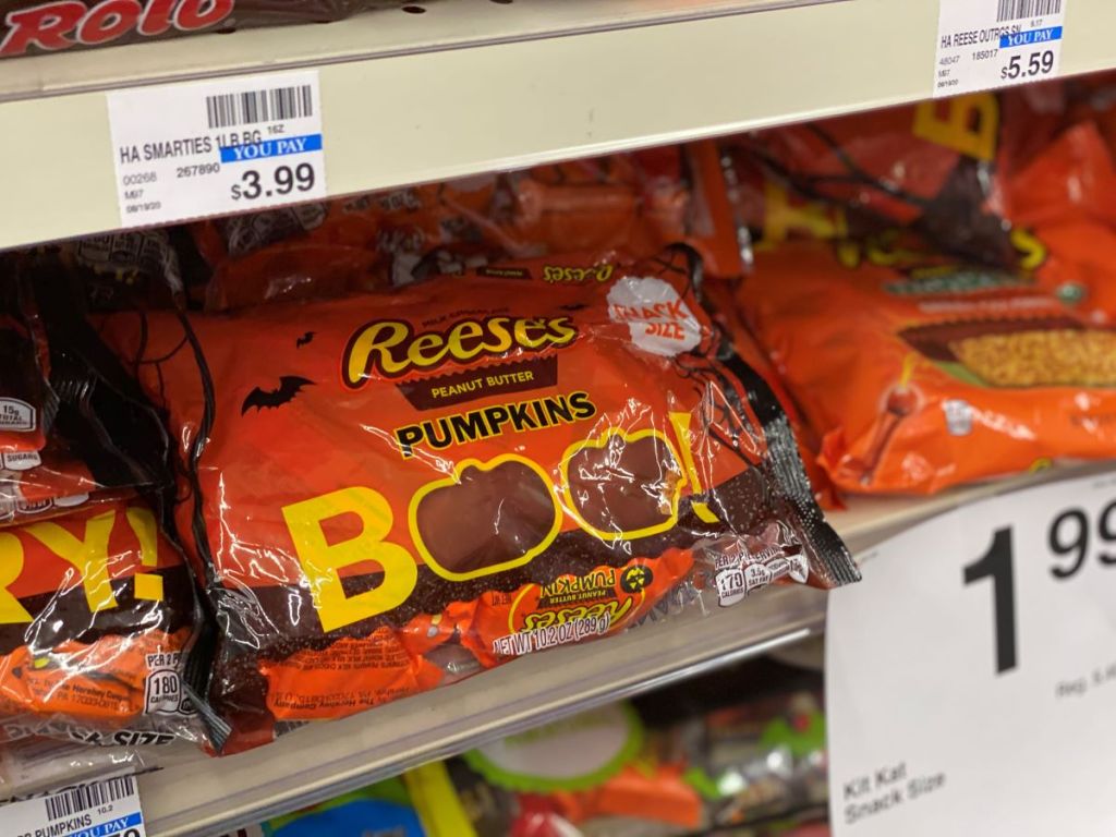 bag of Reese's pumpkins on shelf at CVS