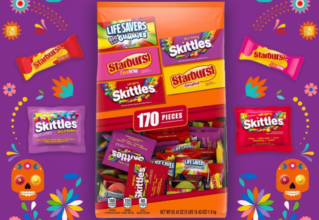 bag of fun size candy and candies with purple background