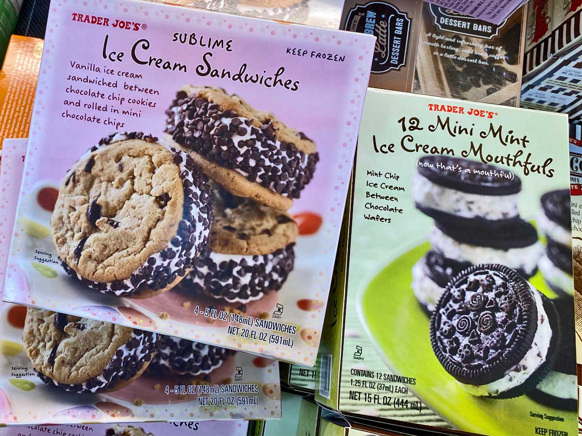 boxes of ice cream sandwiches in freezer at store