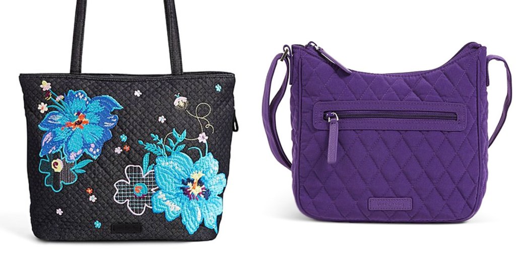 black tote bag with large blue flowers and purple quilted crossbody bag