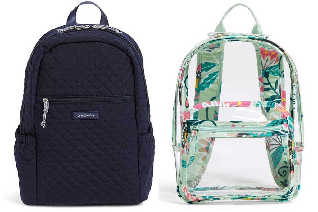 quilted navy backpack and clear backpack with mint floral trim