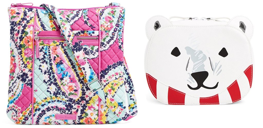 pink paisley crossbody bag and polar bear shaped cosmetic bag