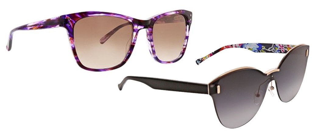 two pairs of vera bradley sunglasses in purple and black with floral print