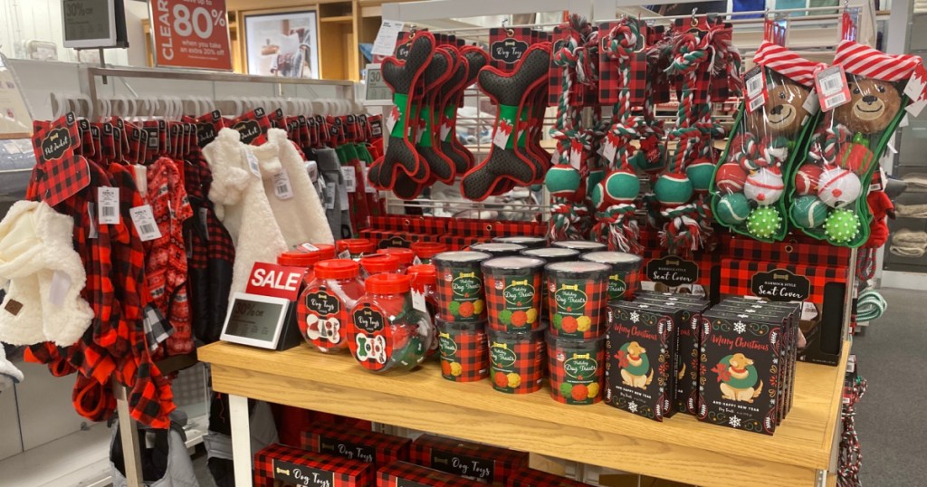 various holiday dog toys and treats on display in store