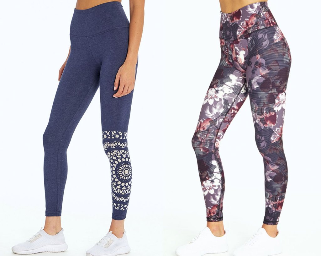 woman modeling blue leggings with mandela on one leg and woman in purple floral leggings